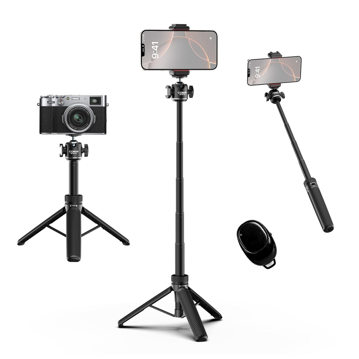 COMAN Selfie Stick for iPhone, 24" Phone Tripod with Remote 360° Ball Head, Portable Stand for Cell Phone iPhone 17/16/15/14/13/12 Pro Max/Android Gopro