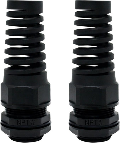 LeMotech 2Pcs NPT 3/4" IP68 Waterproof Cable Gland Flex Spiral Strain Relief Black Nylon Joint with Gaskets for 13-18mm Wire Thread