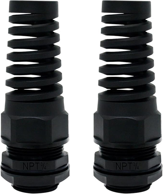 LeMotech 2Pcs NPT 3/4" IP68 Waterproof Cable Gland Flex Spiral Strain Relief Black Nylon Joint with Gaskets for 13-18mm Wire Thread