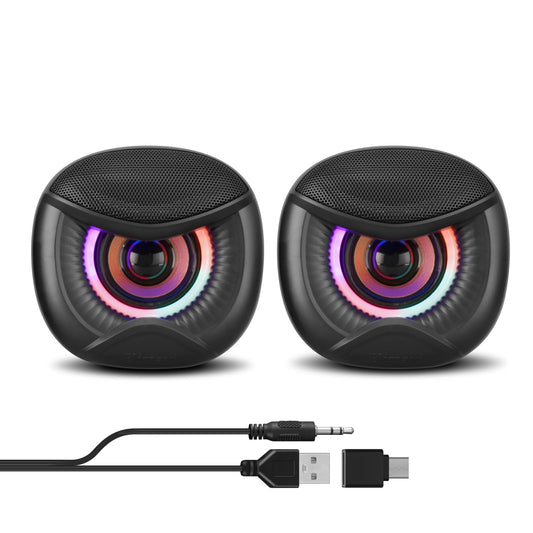 Elimavi USB Computer Speakers, 3.5mm Aux Speaker and USB Powered Interface are Suitable for Desktop Laptop Monitor, Owl Eye Design, Includes a USB-C Adapter, Colorful Lights