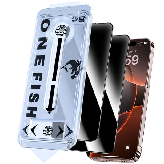 OneFish Screen Protector Privacy for iphone 16, Airbag Edge Protection, Anti Spy Private Tempered Glass Film with Installation Frame, 9H Scratch Resistant, Easy Installation, 2Pack