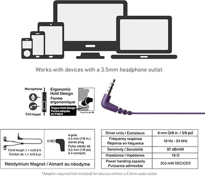 Panasonic ErgoFit Wired Earbuds With Microphone, 3.5mm Jack Headphones with Mic and Call Controller, Ergonomic Custom-Fit Earpieces (S/M/L), for Phones and Laptops - RP-TCM125-VA (Metallic Purple)