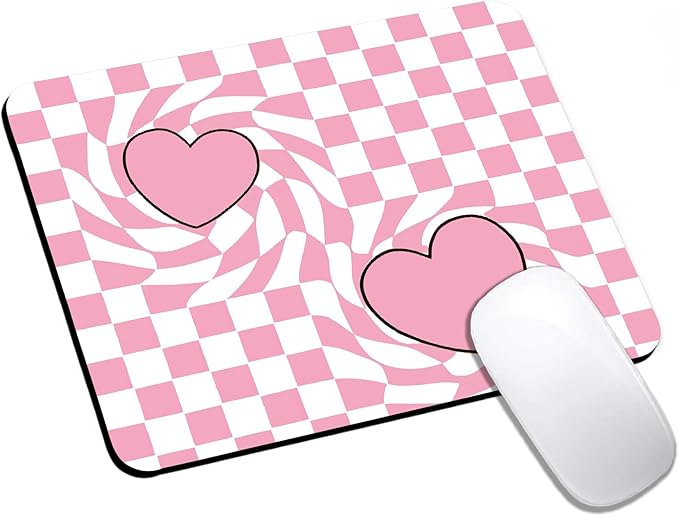Mouse Pad, Cute Pink Checkered Heart Mouse Pads for Desk, 9.5" x 7.9" Non-Slip Rubber Base Computer Mousepad with Women, Portable Square Design for Wireless Mouse and Pad Laptop Office & Travel