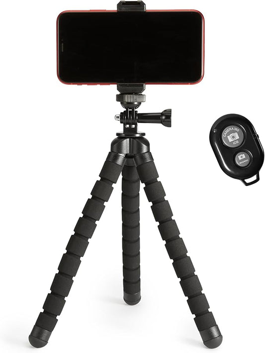 Amazon Basics Portable and Flexible Tripod with Wireless Remote and Smartphone Clamp, 10-inch long, Black