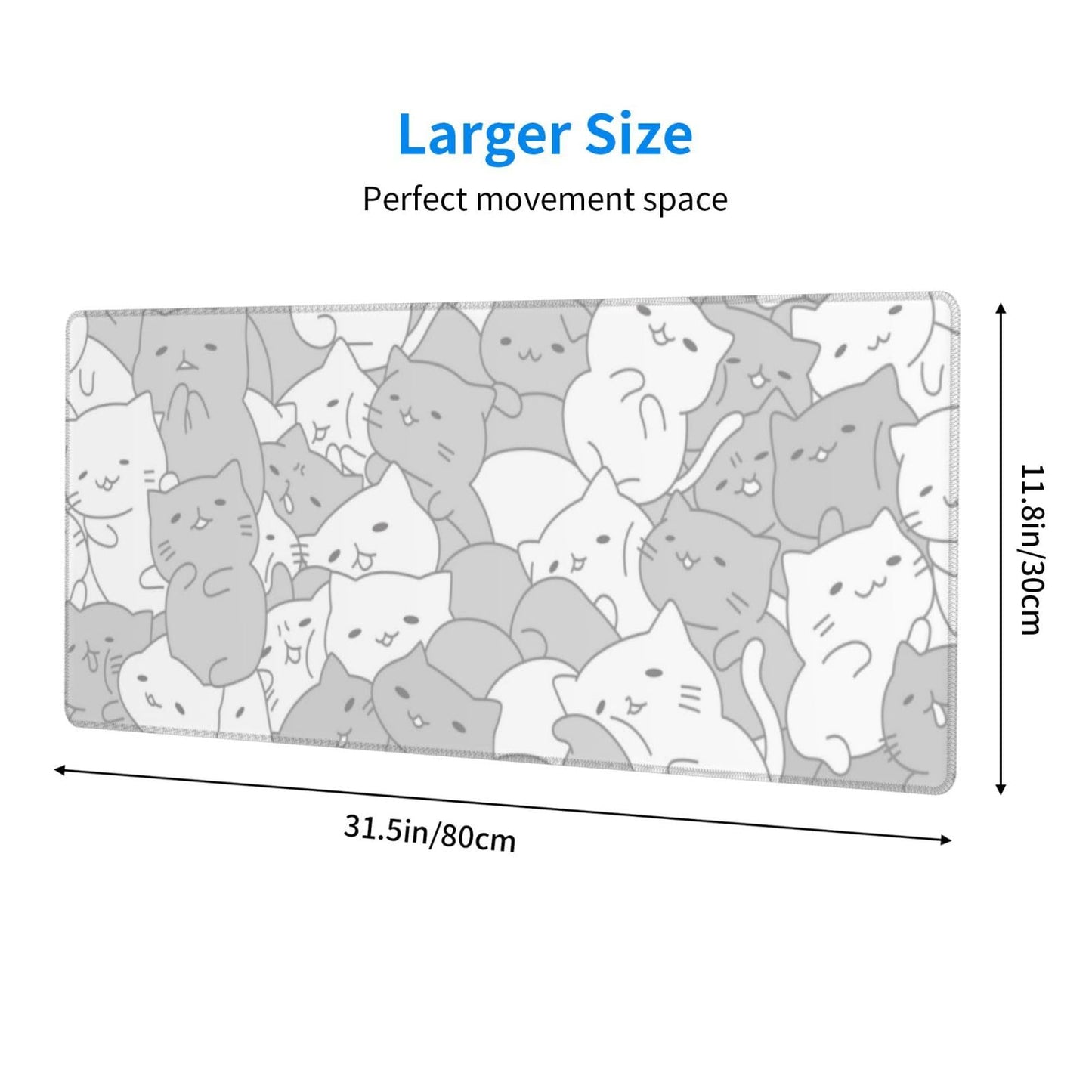 White Kawaii Cats E-Sport Mouse Pad Large Desk Mat Non-Slip Rubber Base Stitched Edge Keyboard Mouse Pad for Office Home E-Sport Computer Laptop, 31.5×11.8 Inches