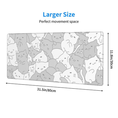 White Kawaii Cats E-Sport Mouse Pad Large Desk Mat Non-Slip Rubber Base Stitched Edge Keyboard Mouse Pad for Office Home E-Sport Computer Laptop, 31.5×11.8 Inches