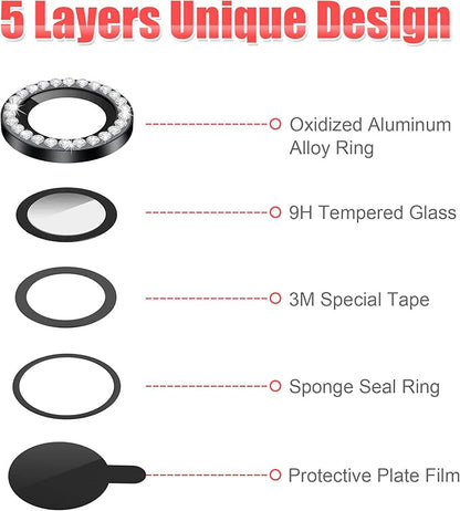 AGVEE 3+3 for iPhone 14 6.1" / 14 Plus 6.7" Camera Lens Protector, Bling Diamond & Bling Glitter Metal Ring 9H Tempered HD Glass Camera Protector Cover Film, Bling-Black