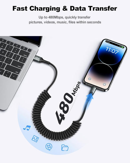 USBC to Lightning Cable for Car Coiled iPhone Charger Apple MFi Certified