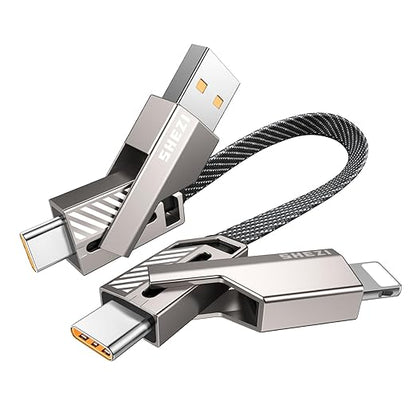 4-in-1 0.6FT Ultra Short USB C Cable Compatible with Lightning Cable [Fast Charging&Data Transfer] Flat Braided for iPhone iPad Charger Cord, Portable Multi Charger Cord Combo for Power Bank