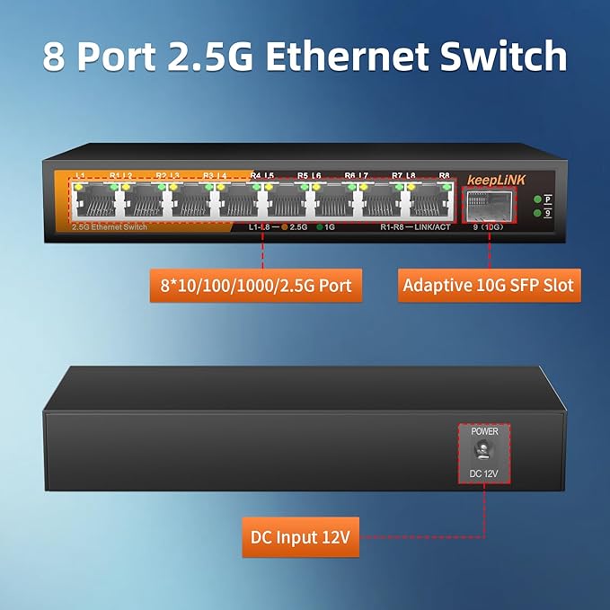 keepLiNK 8 Port 2.5G Switch Unmanaged, Ethernet Switch with 8 x 2.5G Base-T Ports, 1 x 10G Base-T SFP Slot, 60Gbps Switching Capacity, Plug & Play, Fanless Metal, Wall Mountable