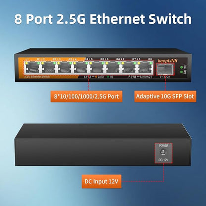 keepLiNK 8 Port 2.5G Switch Unmanaged, Ethernet Switch with 8 x 2.5G Base-T Ports, 1 x 10G Base-T SFP Slot, 60Gbps Switching Capacity, Plug & Play, Fanless Metal, Wall Mountable