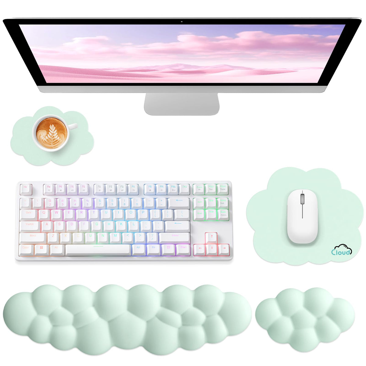 Sushret Cloud Wrist Rest for Computer Keyboard and Mouse Pad Set, Pink