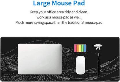 Japanese Sea Wave Large Mouse Pad, Anime Black Gaming, Extended Kanagawa Mat Desk Pad, 3mm Thick Long Non-Slip Rubber Base Mice Pad, 31.5 X 11.8 Inch