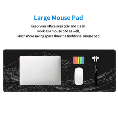 Japanese Sea Wave Large Mouse Pad, Anime Black Gaming, Extended Kanagawa Mat Desk Pad, 3mm Thick Long Non-Slip Rubber Base Mice Pad, 31.5 X 11.8 Inch