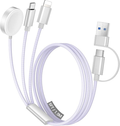 Temdan for Travel Vacation Essentials,3 in 2 USB C Cable for Apple Watch Charger/iPhone 16 Charger/Lightning,Multi Charging Cable Cord,Camping Essentials,Designed for iWatch &iPhone 16-12-5FT Purple
