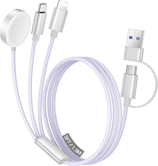 Temdan for Travel Vacation Essentials,3 in 2 USB C Cable for Apple Watch Charger/iPhone 16 Charger/Lightning,Multi Charging Cable Cord,Camping Essentials,Designed for iWatch &iPhone 16-12-5FT Purple