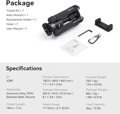 SmallRig VT-20 Aluminum Mini Tripod, 20" Desktop Tripod with 360° Ball Head, Compact Desktop Tripods for DSLR Camera Video Camcorder, Load up to 13lb/6kg