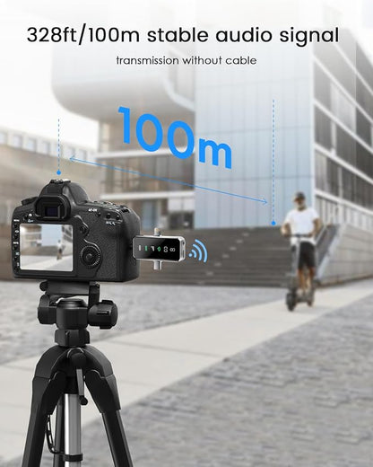 PQRQP 3 in 1 Mini Microphone for iPhone, Android, Camera | 328ft Range & 18H Battery | Noise-Canceling Mini Mic for Interviews, Content Creation, TikTok (Metallic Silver)