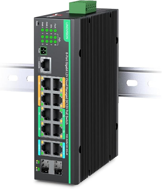 LINOVISION Industrial 12 Ports L2+ Cloud Managed PoE Switch with DC8~57V Redundant Power Input, Full Gigabit Solar PoE Switch, IEEE802.3af/at, Total PoE Budget 240W, NDAA Compliant