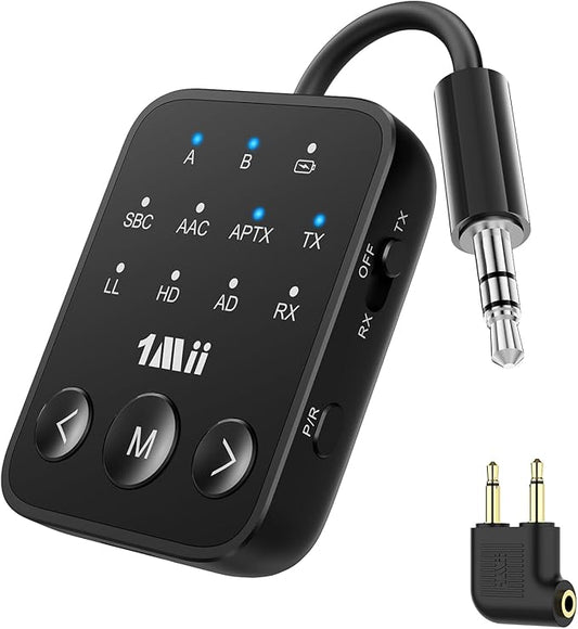 1Mii Bluetooth 5.3 Transmitter Receiver, Dual Link for 2 Headphones, aptX Adaptive/HD Low Latency, 3.5mm AUX Jack Wireless Audio Adapter for Airplane/TV/MP3 Players/Car/Home Stereo, 25H Playtime