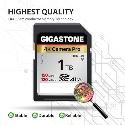 [5-Yrs Free Data Recovery] GIGASTONE 1TB SD Card with USB Type C Card Reader, 4K Camera Pro, A1 V30 U3 SDXC Memory Card Compatible with Canon Digital Camera, with 1 Mini case