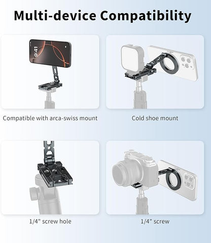 Magnetic Phone Tripod Stand,Foldable Cell Phone Holder for Magsafe with Arca-Swiss,1/4'' Screw Hole,Cold Shoe Mount,Pocket Mini Aluminum Selfie Stick Tripod Mount for iPhone/Android,Desk,Travel
