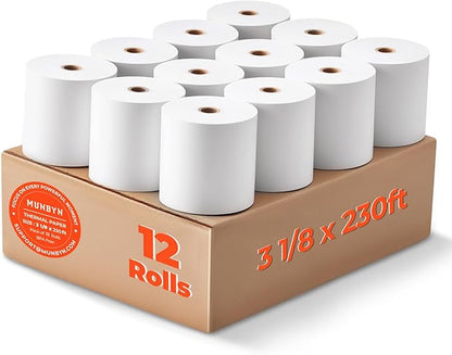 MUNBYN Thermal Receipt Paper 3 1/8 x 230ft, Compatible with Star Micronics TSP100 TSP143 Epson 80mm Receipt Printer Square POS Register Credit Card Terminals, Pos Register Paper BPA Free, 12 Rolls