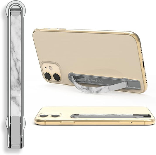 SleekStrip SleekGrip-Premium Ultra Thin Phone Grip Stand,Slim Metal Finger Loop Ring Hand Holder Strap Cell Phone Grips for iPhone 16 Pro Max,17,Android,Case Back - Chrome x White Marble