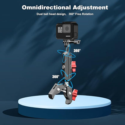 Camera Clamp Mount, Super Clamp Mount with Double Ball Head Magic Arm for Bike Handlebar & Aluminum Alloy & 360°Rotating Ebike Handlebar Bracket for DJl,Go pr0, lnsta36o X5 X4 X3,78005