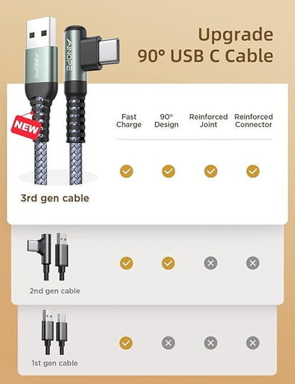 AINOPE USB C Charging Cable (3-Pack, 3.3ft/6.6ft/10ft) 3.1A Fast Charging Right Angle USB Type C Cable, Resistant Nylon Braided USB Cable Compatible Galaxy S10 S9 S8 Plus S21, Note 10 9 8, LG V30