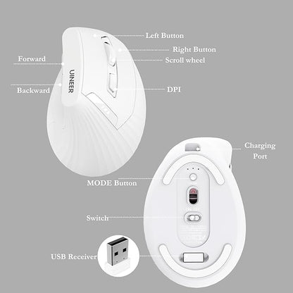 Vertical Wireless Mouse,Bluetooth Mouse with BT5.0/4.0/2.4G, Rechargeable Mouse with Battery Indicator,Ergonomic Design for Comfort and Reduced Wrist Strain, Ideal for Home& Office Use (White)