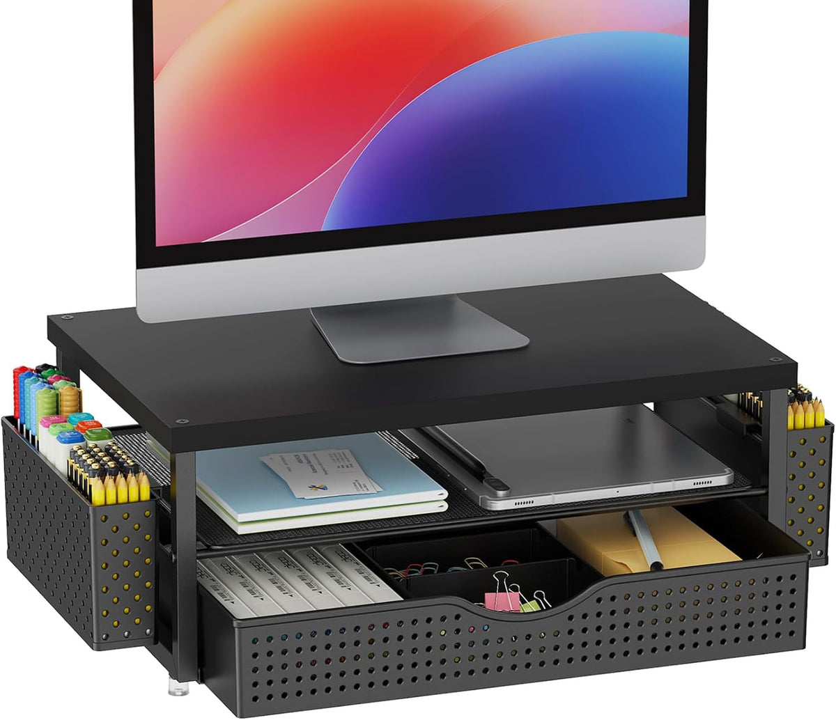 gianotter Desk Organizers and Accessories, Monitor Stand with Drawer and 2 Pen Holder, Desktop Organizer Suitable for Offices and Dormitories (Blue)
