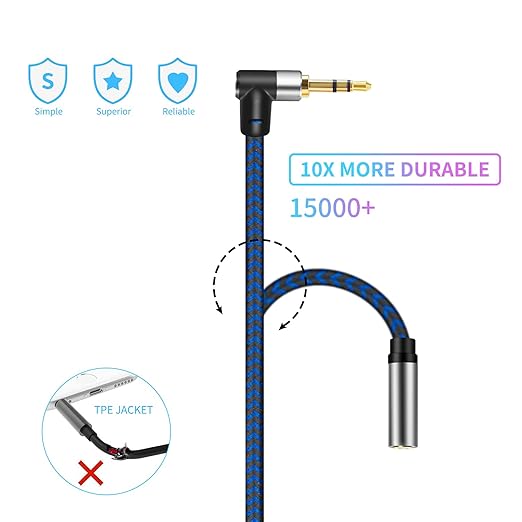 3.5mm Male to Female Extension Stereo Audio Extension Cable 10FT, Cotton-Braided Audio Extension Cable, Stereo Jack Cord for Phones, Headphones, Speakers, Tablets, PCs and More