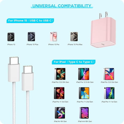 [Apple MFi Certified] iPhone 16 Pro Max Quick Charger,3Pack 20W USB C Wall Charger Block and 6 Feet USB C to USB C Fast Charging Cable for iPhone 16/16 Plus/Pro/Pro Max/iPhone 15/15 Pro Max/Plus(Pink)