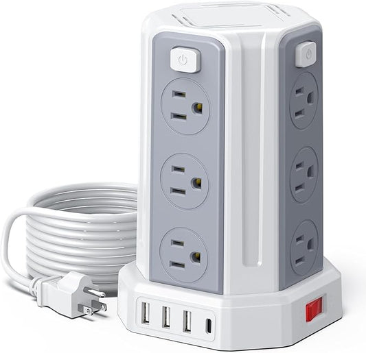 Power Strip Surge Protector, 10 Ft Extension Cord with 12 AC Multiple Outlets 4 USB (1 USB C), SMALLRT Power Tower Desktop Charging Station