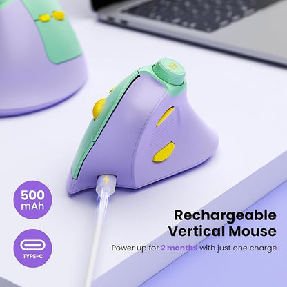 seenda Ergonomic Mouse Rechargeable, USB+Dual Bluetooth, MOU-302 Vertical Wireless Mouse with Volume Knob, Quiet Clicks, Multi-Device Cordless Mice Compatible for Windows, PC, Laptop, Mac OS, Purple