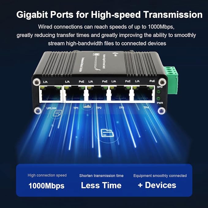 Mini Industrial 5 Ports Gigabit PoE Switch Hardened 5 Port RJ45 10/100/1000Mbps 802.3at Ethernet Switch Din Rail Mount PoE+ Switch (-40 to 167 ºF) 10Gbps Switching Capacity