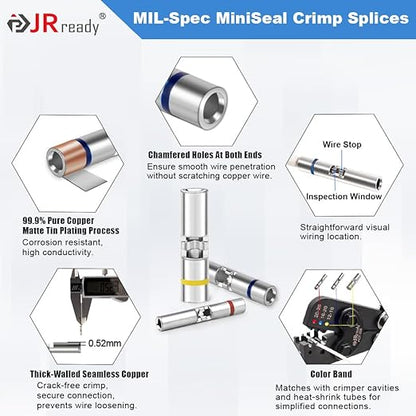 JRready ST6385-16-50 MiniSeal Crimp Splice 50Sets Blue Butt Splice Connectors 20-16 AWG (M81824/1-2) Wire-to-Wire Heat Shrink Butt Connector with Alternative Temp. PVDF/PE Tubes