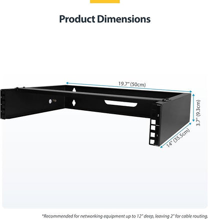 StarTech.com 2U Wall Mount Network Rack - 14 in Deep (Low Profile) - 19" Patch Panel Bracket for Shallow Server, IT Equipment, Network Switches - 77lbs/35kg Weight Capacity, Black (RACK-2U-14-BRACKET)