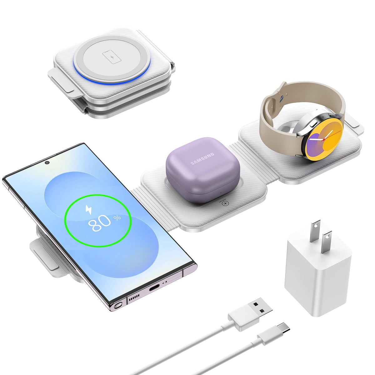 Travel Charger for Samsung Multi Devices, Foldable 3 in 1 Wireless Charging Station Fast Charging Stand/Pad Compatible for Samsung Galaxy S26/S25/S24/S23/Note20 Galaxy Watch8/7/6/Galaxy Buds4(Pink