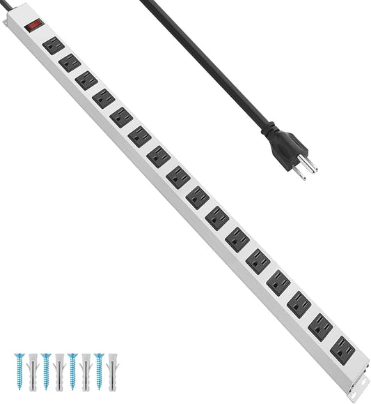 JUNNUJ Metal Long 16 Outlet Power Strip Surge Protector, White, 10 FT, 1