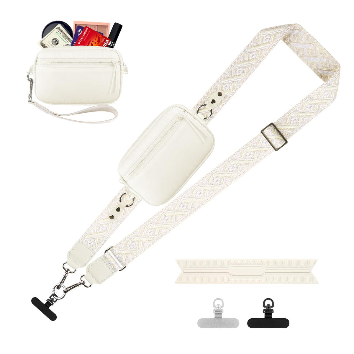 YFWE Clip and Go Strap for Phone with Wallet Crossbody, Adjustable Phone Lanyard with Detachable RFID Wristlet Wallet, Phone Strap with Phone Tabs for All Phones, Black Checkered (M)