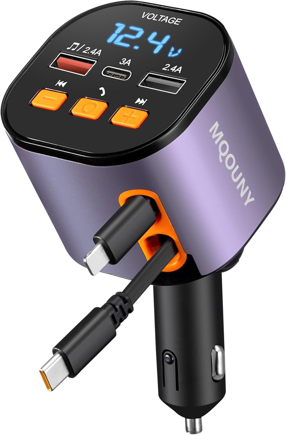 Retractable Car Charger,5 in 1 Fast Car Phone Charger 90W,Bluetooth 5.3 FM Transmitter Adapter,Handsfree Call,2 Retractable Cables and USB Cars Chargers for iPhone 17/16/15/14/13/Galaxy/Pixel
