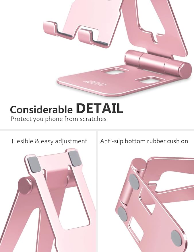 Cell Phone Stand for Desk, Adjustable Desktop Phone Holder Stand, Foldable Moblie Phone Dock for iPhone 15 14 13 12 11 Pro Xs Max Xr X 8 7 6 5 5s SE Nintendo Switch All Phones, Rose Gold