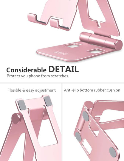 Cell Phone Stand for Desk, Adjustable Desktop Phone Holder Stand, Foldable Moblie Phone Dock for iPhone 15 14 13 12 11 Pro Xs Max Xr X 8 7 6 5 5s SE Nintendo Switch All Phones, Rose Gold