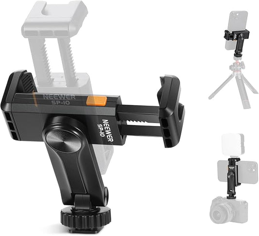 Neewer Basic Phone Tripod Mount Holder with 1/4" Thread & Cold Shoe, 2.36"-3.54"/6-9cm 360° Rotatable Camera Mount Cellphone Clamp for iPhone 16 15 14 13 12 11 Pro Max X XR Samsung S24 Ultra, SP-10