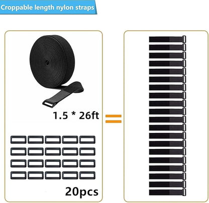 26ft 1.5 Inch Wide Cable Straps, Jumpso Adjustable Fastening Hook and Loop Straps with 20 Buckles, Reusable Nylon Cut-to-Length Cinch Straps for Organizer or Storage, Black