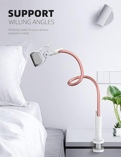 Lamicall Phone Holder Bed Gooseneck Mount - Cell Phone Clamp Clip for Desk, Flexible Lazy Long Arm Headboard Bedside, Overhead Mount Stand, for 4-7" Phone, iPhone 15 Pro Max, 14 Plus, 13, Rose Gold