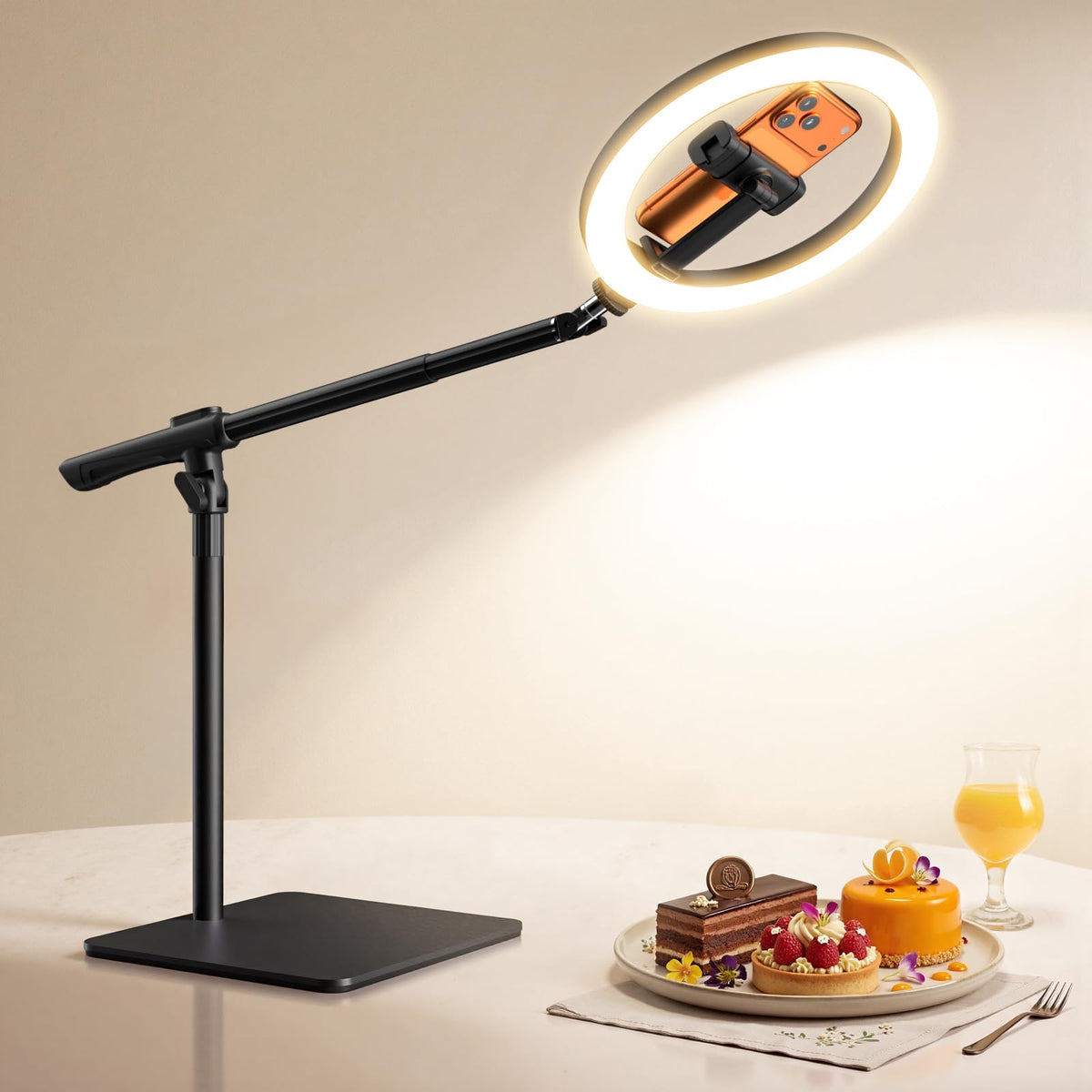 LUXSURE 10" Overhead Ring Light for Desk with Weighted Base, Freestanding Telescopic Phone Mount, Phone Stand with Light & Remote for Video Recording, Cooking, Crafts, Live Streaming