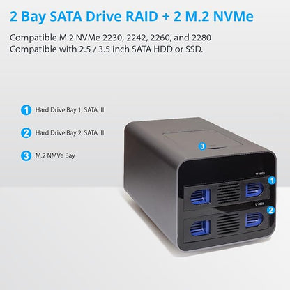 USB 3.2 (10Gbps) Type-C 2 Bay 2.5 Inch and 3.5 Inch SATA Hard Drive + 2 Bay M.2 NMVe Combo External Hard Drive Enclosure